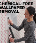 Woman using Top Shelf Multipurpose Steam Cleaner for chemical free wallpaper removal, detailed view of nozzle in use.
