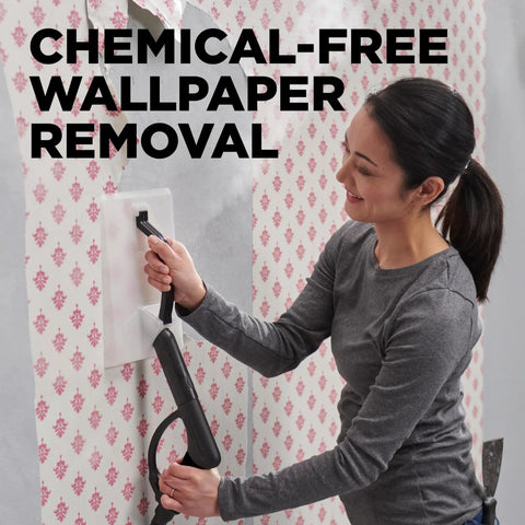Woman using Top Shelf Multipurpose Steam Cleaner for chemical free wallpaper removal, detailed view of nozzle in use.