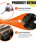 Image showing All Weather Gun Grease And Lubricant Pro Grade High Viscosity Synthetic Formula that Stays Slick from Minus 70 to 400 Degrees with precision needle applicator used on firearm, highlighting precise control, powerful lubrication, and thick viscosity benefits.