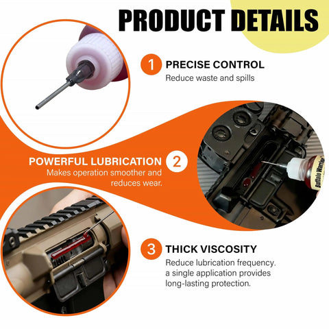 Image showing All Weather Gun Grease And Lubricant Pro Grade High Viscosity Synthetic Formula that Stays Slick from Minus 70 to 400 Degrees with precision needle applicator used on firearm, highlighting precise control, powerful lubrication, and thick viscosity benefits.