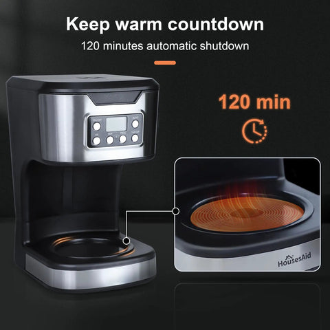 Programmable 12 Cup Coffee Maker With Keep Warm Function, Fully Automatic Drip Coffee Machine, stainless steel and black, 120-minute countdown