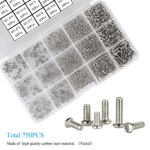 Massive 750 Piece Small Machine Screw Set M1.4 M1.6 M2 M2.5 M3 Phillips Pan Head Tiny Screws For Watch, Toy, And Electronics Repair Nickel Plated Carbon Steel Kit With 15 Sizes, 50 Pieces Each In Storage Bag