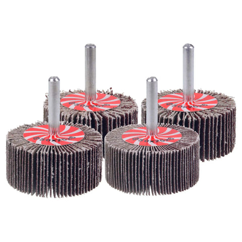 Four aluminum oxide flap wheels with shanks for drill use, part of the 20 Pack Flap Wheel Sander Set For Drill, 2 Inch By 1 Inch Shank.