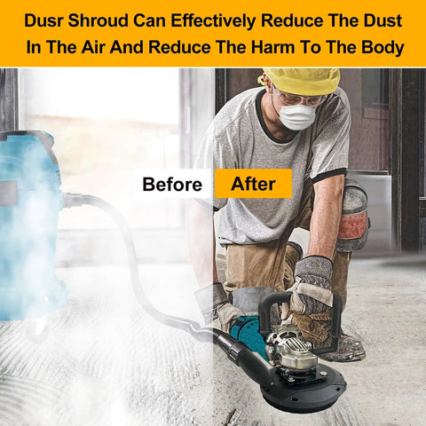 Worker using All-In-One Angle Grinder Dust Shroud 4.5 and 5 Inch With Diamond Concrete Grinding Wheel for clean dust control