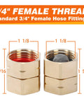 Swivel 3/4 Inch Brass Garden Hose Adapter Female To Female Connector showing dimensions with mesh filter visible.