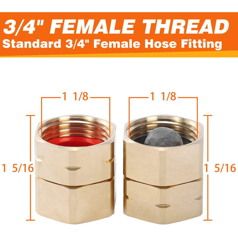 Swivel 3/4 Inch Brass Garden Hose Adapter Female To Female Connector showing dimensions with mesh filter visible.