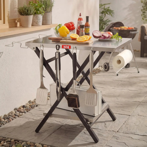 Foldable Outdoor Grill Table And Prep Station With Pizza Oven Base And Griddle Stand, showing table with cooking tools