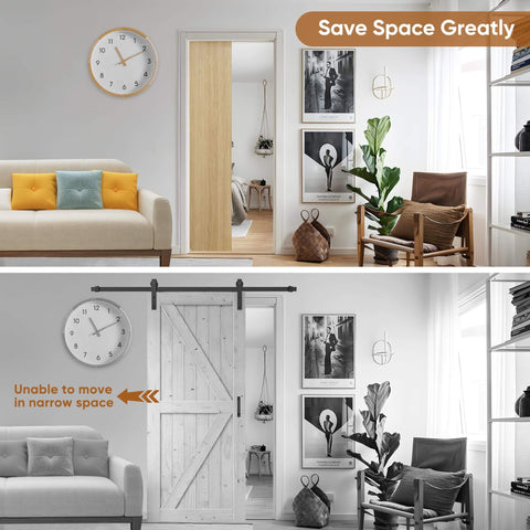 Comparison of rooms with a No-Fuss Pocket Door Frame Kit For 2x4 Walls, 36 By 96 Inches, and a traditional sliding door.