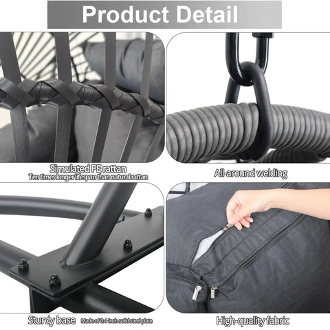 Close-up details of Cozy Hanging Egg Chair With Stand For Indoor And Outdoor Living, showing wicker, steel frame, and fabric.