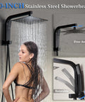 Matte Black Shower Faucet Set With 10 Inch Rainfall Head And Handheld Sprayer High Pressure Bath Kit showing 10-inch stainless steel showerhead in use.