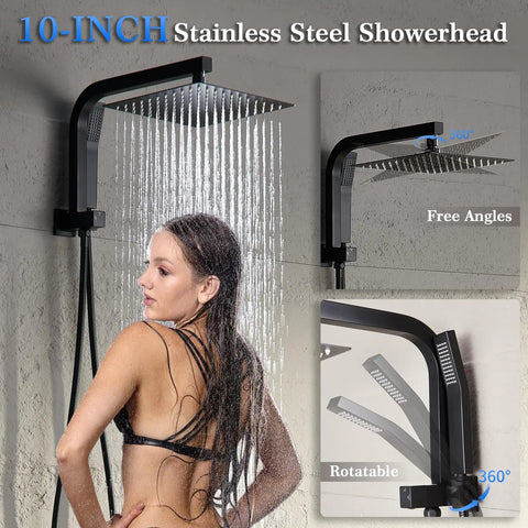 Matte Black Shower Faucet Set With 10 Inch Rainfall Head And Handheld Sprayer High Pressure Bath Kit showing 10-inch stainless steel showerhead in use.