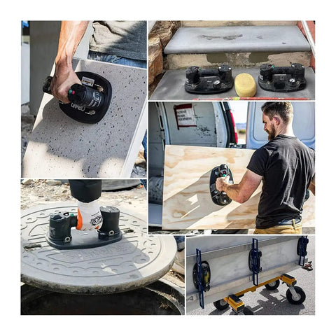Grabo Nemo Electric Vacuum Suction Cup Lifter lifting stone panel with 375 lb capacity, assisting in heavy lifting and installation.