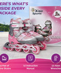 Adjustable Inline Skates For Girls With Illuminating Front Wheels Built For Cool Easy Learning Ride Comfortable And Durable Rollerblades For Beginners And Intermediate Riders, displayed with packaging and accessories including instruction manual and allen wrenches.
