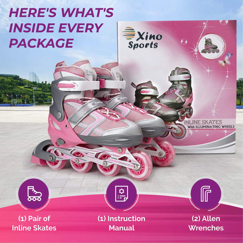 Adjustable Inline Skates For Girls With Illuminating Front Wheels Built For Cool Easy Learning Ride Comfortable And Durable Rollerblades For Beginners And Intermediate Riders, displayed with packaging and accessories including instruction manual and allen wrenches.
