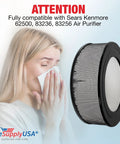 62500 True HEPA Replacement Filter For Sears Kenmore 83236 83256 Air Purifier By LifeSupplyUSA next to person using tissue
