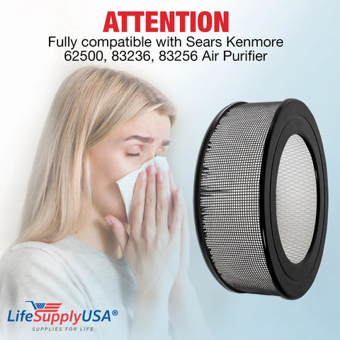 62500 True HEPA Replacement Filter For Sears Kenmore 83236 83256 Air Purifier By LifeSupplyUSA next to person using tissue