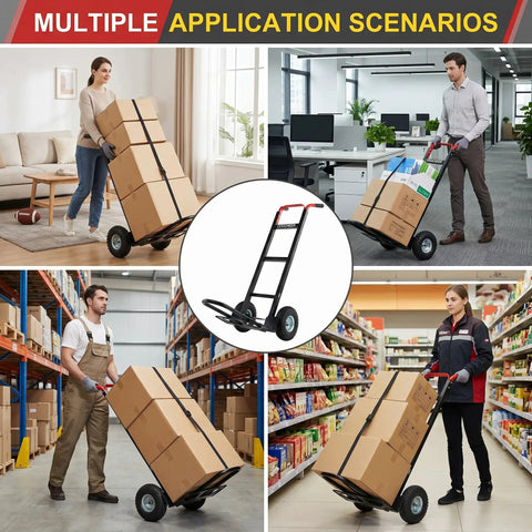 Heavy Duty Aluminum Hand Truck With 600 Pound Capacity And 10 Inch Pneumatic Tires For Extendable Base Platform Hauling in various settings.