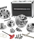 Heavy Duty Wood Lathe Chuck With Self Centering Scroll Jaw System in aluminum case, includes accessories for woodturning.