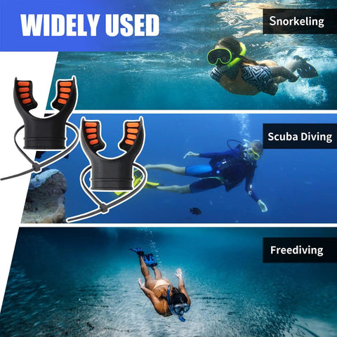 Silicone Scuba Diving Mouthpiece Regulator Replacement With Regulator Tie Hangs In Your Mouth Without Biting Down Comfortable Bite Guard Reduces Chin Fatigue 3D Elliptical Bumps Design Durable Snorkel Mouthpiece For Diving Accessories Orange shown with divers.