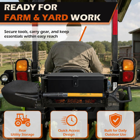 Shop Tough Tractor Tool Box 24 X 10.5 X 10.5 Inch Rugged Iron Mesh Farm Basket Organizer For Heavy Duty Gear And Tools Secure Ranch Grade Storage Holder Multi Function on a tractor.