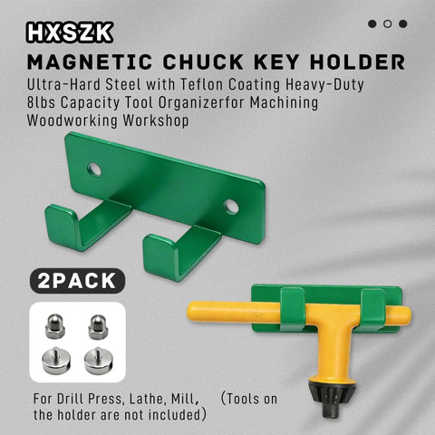Heavy Duty Magnetic Chuck Key Holder 2 Pack with ultra-hard steel, green finish, designed for organizing tools in workshops.