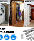 Pivot Door Hinges Heavy Duty Stealthy Hidden Hinge Kit for Wood Secret Doors and Bookcases shown in various door installations.