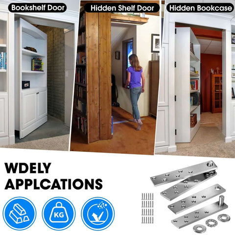 Pivot Door Hinges Heavy Duty Stealthy Hidden Hinge Kit for Wood Secret Doors and Bookcases shown in various door installations.