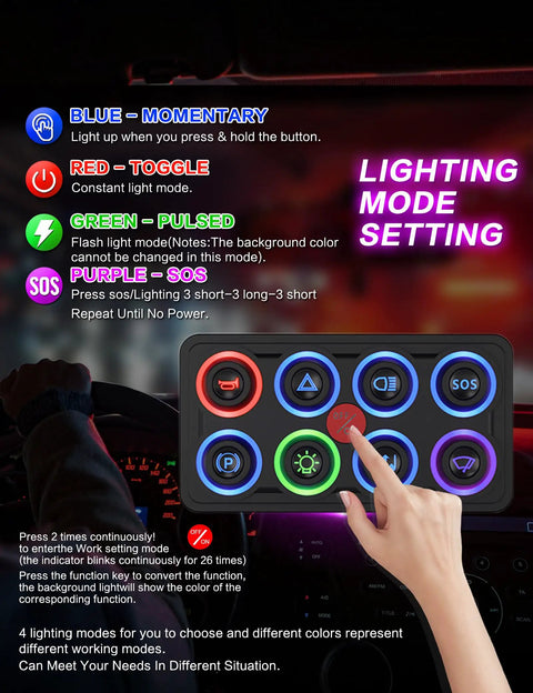 Lighting mode settings for Beefy 8 Gang Switch Panel 12V 24V IP68 Waterproof with hand pressing backlit buttons, control modes shown