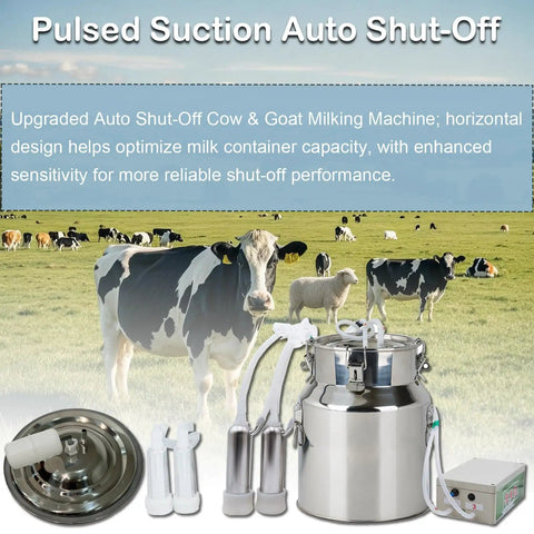 14L Portable Electric Milking Machine for Cows and Goats with Stainless Steel Bucket, Vacuum Pump; farm and animals visible