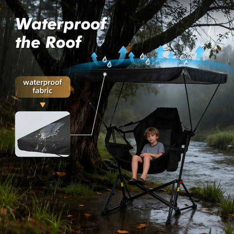 Child sitting in Portable Folding Hammock Camping Chair With Canopy And Footrest under rain by tree, showing waterproof fabric.