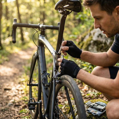 Person using durable 7x9mm seat post clamp on road bike with quick install screws in a forest setting, showcasing easy accessory mounting.