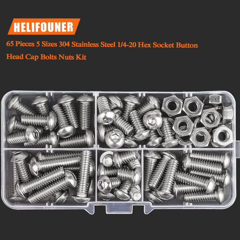 Front view of HELIFOUNER 65-piece stainless steel UNC socket-head cap screws and nuts kit in a clear plastic organizer.