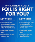 Chart comparing 12 inch and 18 inch heavy duty foil uses for meats and grilling