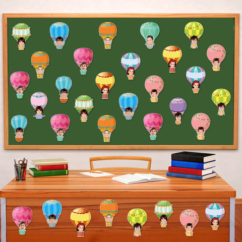 Colorful Hot Air Balloon Cutouts Kit 60 Pcs 6 By 6 Inch Bulletin Board Decor For Classroom And Office Back To School 12 Styles With Adhesive Dots displayed on a classroom board.