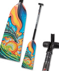 Making Waves Design Adjustable Carbon Fiber Dragon Boat Paddle With LeverLock IDBF Approved shown with colorful design.