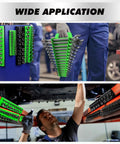 Person using 10-Piece Magnetic Socket And Wrench Organizer Set for 1/4, 3/8, 1/2 Inch Drives in garage and under car.