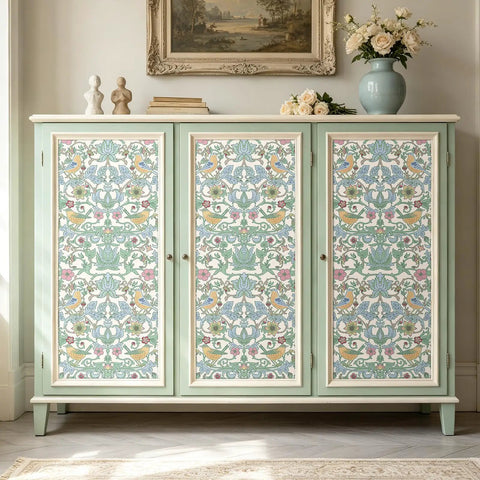Classic William Morris Style Peel And Stick Wallpaper Removable Self Adhesive Vinyl Roll With Trim Grid For Zero Hassle Home Flip No Drama Waterproof Contact Paper on cabinet doors.