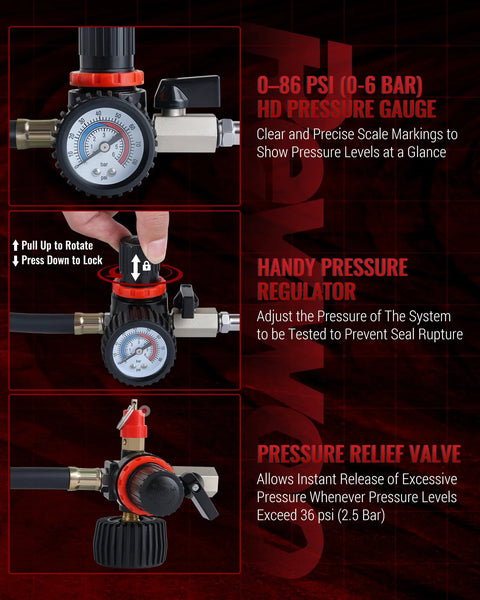 Front view of Reywoo turbo boost leak tester kit with gauge, regulator, and 10-piece adapters (1-3/8"–3-1/2").