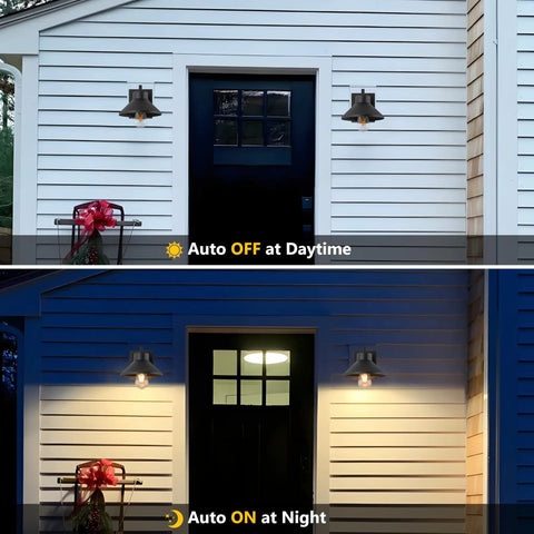 Outdoor Wall Sconce With Built In GFCI Outlets No Fuss Waterproof Aluminum Exterior Lighting For Porch Patio Front Yard Black Powder Coated Durable Wall Mount With Outlet 2 Pack shown day and night
