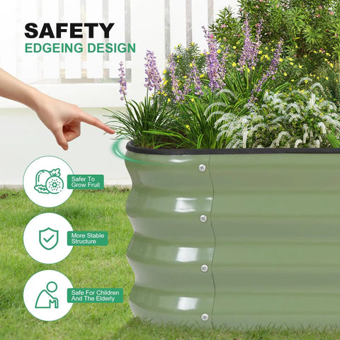 Side view of Galvanized Raised Garden Bed Kit 5X3X1 Modular Planter Box For Outdoor Gardening with plants and safety edging feature.