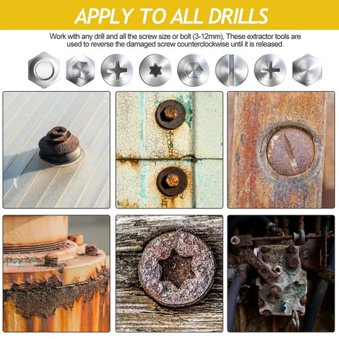 Examples of rusted screws and bolts for use with Damaged Screw Extractor Set For Stripped Screws And Bolts Gold Tone Drill Bit Tools