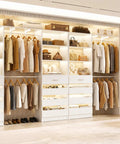 No Sweat Custom Wood Closet System Packed With Twelve Roomy Storage Drawers And Fully Expanding Hanging Rods For Straight Up Organized Home Wardrobe Space showing organized clothes.
