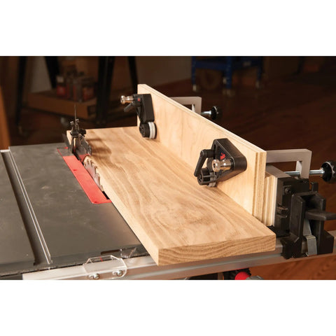 Kickass Flex Stock Guide For Portable Table Saw Featuring Slick Rollers And Fast Height Setup For 8 Or 10 Inch Blades on a woodwork setup.