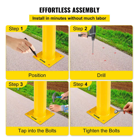 Effortless assembly steps for Tough As Nails 48 Inch Steel Safety Bollard Post, showing installation process and tools.