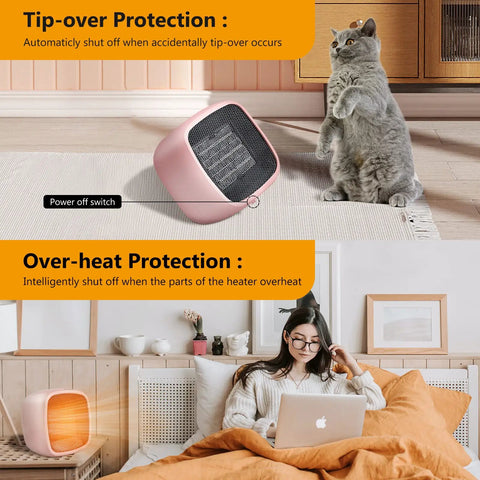 Portable Ceramic Space Heater 1000W 800W With Quick Heat In 2 Seconds, super quiet 50dB desk heater for home in pink, features shown