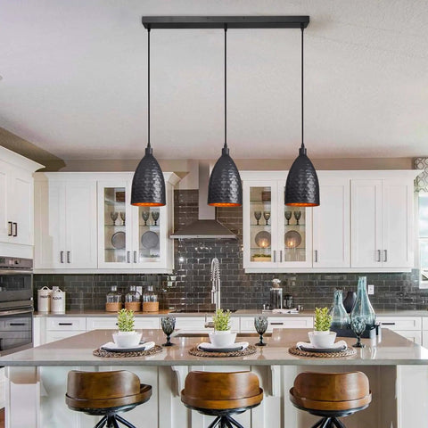 Black Metal 3 Light Pendant Light With Adjustable Height Up To 76.6 Inches above kitchen island in farmhouse style