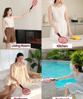 Women using 2 Pack Electric Fly Zapper Rackets Handheld Bug Swatters Red And Blue Battery Powered For Mosquitoes Indoors and Outdoors