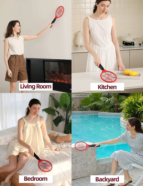 Women using 2 Pack Electric Fly Zapper Rackets Handheld Bug Swatters Red And Blue Battery Powered For Mosquitoes Indoors and Outdoors
