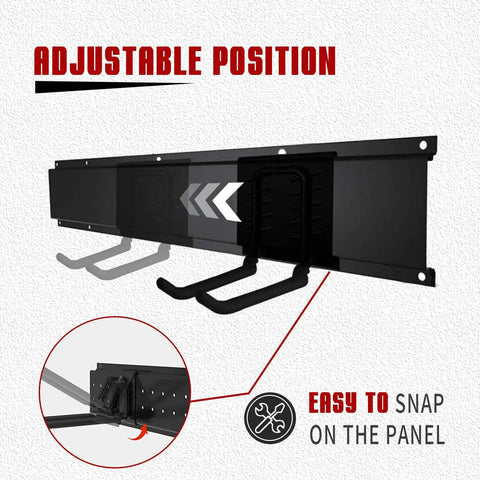 Built Like A Tank 48 Inch Heavy Duty Garage Storage Wall Organizer Rack with adjustable hooks on steel mounts.