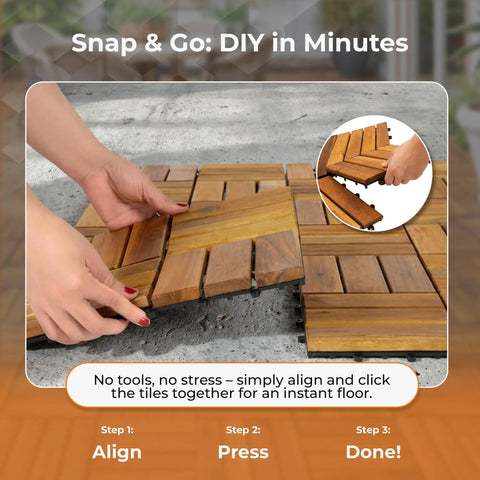 Hands assembling Durable Acacia Hardwood Interlocking Deck Tiles For Patios And Walkways Snap Together No Tools Required